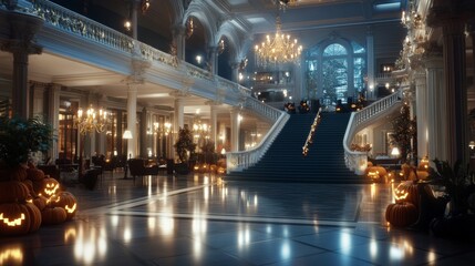 Obraz premium A grand Halloween-themed hotel lobby pumpkins glowing on the grand staircase