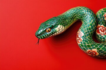 Obraz premium Traditional Chinese Wooden Green Snake Sculpture with Floral Patterns on Red Background