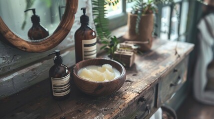 Rustic bathroom vanity with natural soap and plants