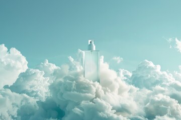 Fototapeta premium Elegant Perfume Bottle in Ethereal Cloudscape with Bright Blue Sky Background