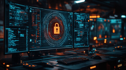 Obraz premium A computer monitor displays a red lock symbol on a blue background