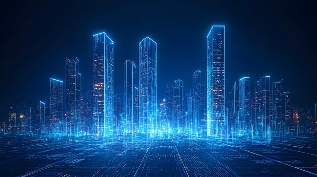 Futuristic digital cityscape, light blue holographic buildings, glowing neon grid, 3D data visualization, technological landscape, abstract network connections, cyber urban concept.
