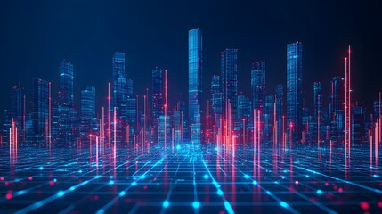 Futuristic digital cityscape, light blue holographic buildings, glowing neon grid, 3D data visualization, technological landscape, abstract network connections, cyber urban concept.