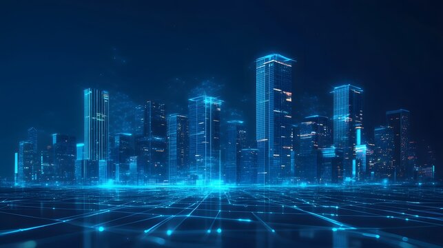 Futuristic digital cityscape, light blue holographic buildings, glowing neon grid, 3D data visualization, technological landscape, abstract network connections, cyber urban concept.