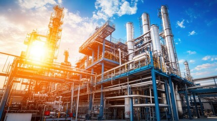 Machinery and Pipelines in Gas Processing Facility, Bright Light, Copy Space