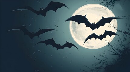 Fototapeta premium Minimalist Bats Flying Against Full Moon in Eerie