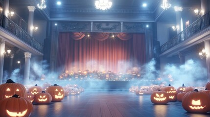 A grand Halloween-themed theater with glowing jack-o-lanterns on stage eerie shadows cast on the red velvet curtains