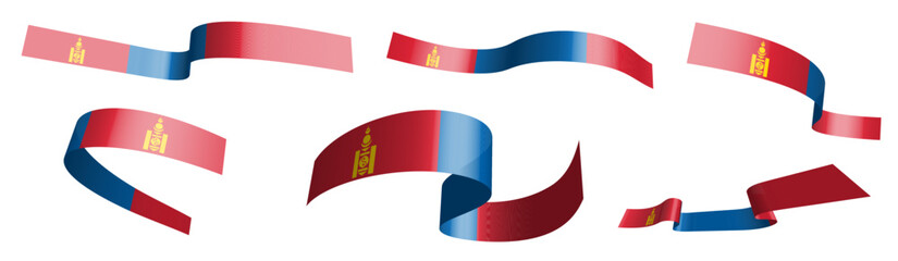 Set of holiday ribbons. Mongolia flag waving in wind. Separation into lower and upper layers. Design element. Vector on white background