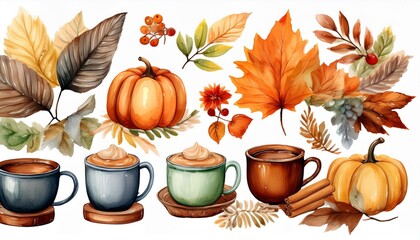 Set a cozy mood with watercolor clipart of autumn-themed elements like leaves, pumpkins, and hot drinks
