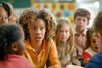 Fototapeta premium Children gathered around teacher at school for storytime, wide eyes, listening intently to first day’s tale