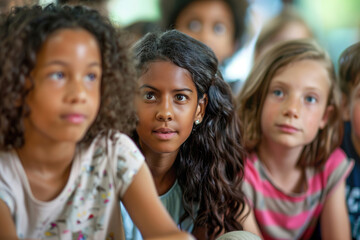 Fototapeta premium Children gathered around teacher at school for storytime, wide eyes, listening intently to first day’s tale