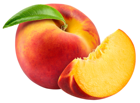 Peach isolated png. Peach with a slice on transparent background. PNG format. Peaches with leaf no background. Full depth of field.