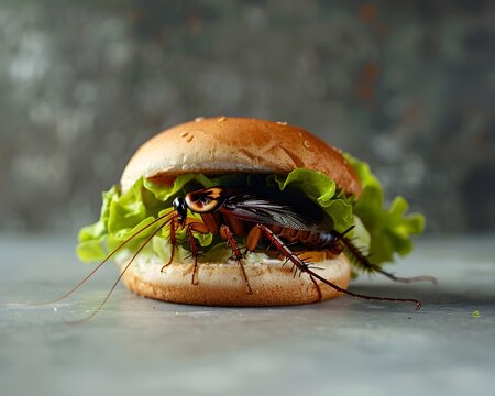 Cockroach Peeking Out from Lettuce and Buns of Half Eaten Hamburger Showcasing Unwelcome Addition to Fast Food Concept