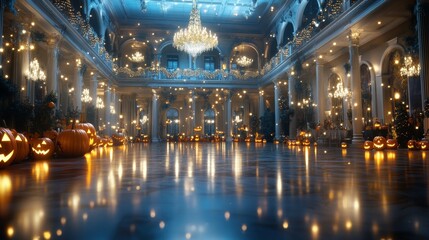 A grand hotel ballroom decorated with glowing jack-o-lanterns