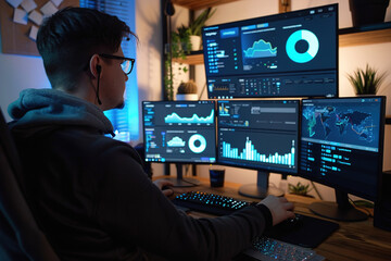 Remote social media manager analyzing engagement metrics, multiple screens displaying various platform dashboards