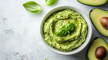 Obraz premium Guacamole in white ceramic bowl, sliced avocado halves, fresh basil leaves, creamy texture, healthy Mexican dip, minimalist food styling, soft natural lighting.