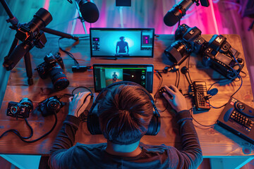 Digital content creator editing video clips on laptop, surrounded by cameras, microphone, and lighting equipment