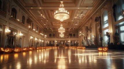 Fototapeta premium A grand hotel ballroom decorated with glowing jack-o-lanterns