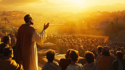 A powerful scene of Jesus delivering a sermon to a large crowd, bathed in the golden light of sunrise, symbolizing faith and spiritual guidance.
