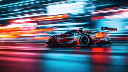 Fototapeta premium Fast racing car driving on high speed along the street with blurred lights in neon. Evening race. Concept of motor sport, racing, competition 
