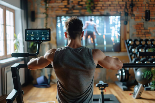 Remote fitness coach leading virtual workout session, demonstrating exercises in home gym, webcam recording