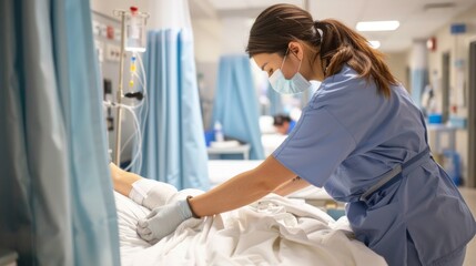 Obraz premium A nurse in protective gear tends to a patient in a hospital ward, set apart by a blue curtain. The quiet, solemn atmosphere hints at the seriousness of the environment.