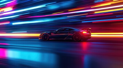 Fototapeta premium Fast racing car driving on high speed along the street with blurred lights in neon. Evening race. Concept of motor sport, racing, competition 