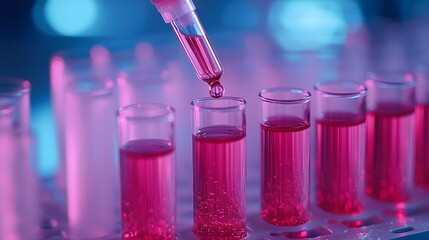 Laboratory test tubes with pale red liquid, pipette adding sample, close-up view, scientific research, medical analysis, chemistry experiment, glass vials in rack.