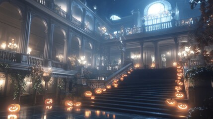 A grand museum with glowing jack-o-lanterns lining the grand staircase