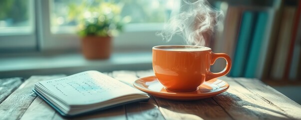 A steaming cup of coffee with a planner on the table, Monday morning, productivity and planning