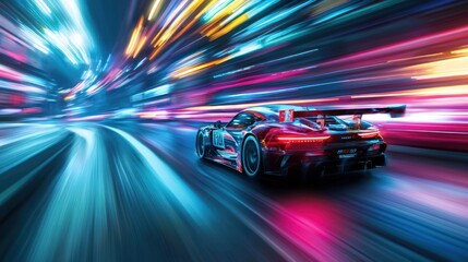 Fototapeta premium Fast racing car driving on high speed along the street with blurred lights in neon. Evening race. Concept of motor sport, racing, competition 