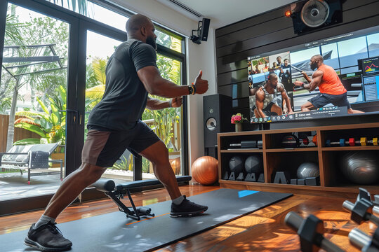Remote fitness coach leading virtual workout session, demonstrating exercises in home gym, webcam recording