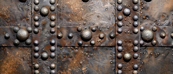 An antique metal door with silver studs in rows of 5, 6, and 8, rust and chipped paint, set against...