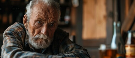 Fototapeta premium Elderly man in checkered shirt, surrounded by bottles, exudes nostalgia and contemplation in a melancholic setting.