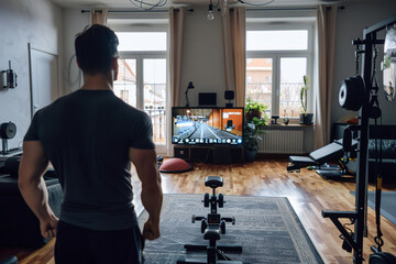 Remote fitness coach leading virtual workout session, demonstrating exercises in home gym, webcam recording