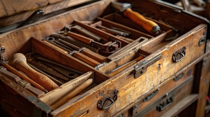 An antique tool box on a table showcases an array of tools like drills and saws, arranged neatly, hinting at a vintage workspace with a touch of nostalgia.