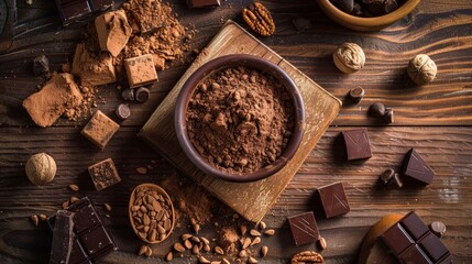 Cocoa powder and dark chocolate pieces on rustic table