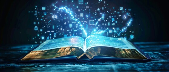 An image shows an open book emitting tech symbols, a tree-like figure, and computer icons, set in a blue, mysterious atmosphere.