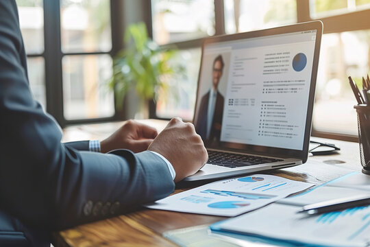 Virtual recruiter conducting interviews via video call, reviewing resumes on laptop, professional background