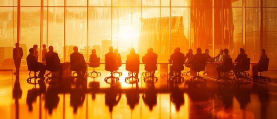 Photograph of business professionals in a meeting room with U-shaped table. Sunset light, city view, technical devices present.