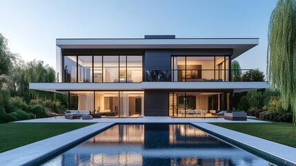 Fototapeta premium Modern luxury villa at dusk, contemporary architecture, two-story house, large windows, white and dark gray exterior, flat roof, balcony, swimming pool, manicured lawn.