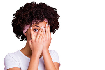 Close up photo beautiful amazing she her dark skin lady arms hands close hide full fear facial expression omg wow shock surprise wear head scarf casual white t-shirt isolated pink bright background