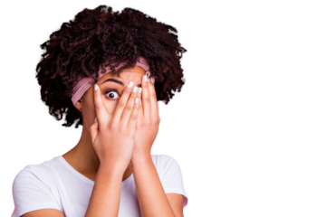 Close up photo beautiful amazing she her dark skin lady arms hands close hide full fear facial expression omg wow shock surprise wear head scarf casual white t-shirt isolated pink bright background