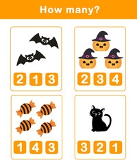 Fototapeta premium Counting educational children game. Math kids activity sheet. How many counting game with cute halloween illustration.