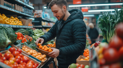 Obraz premium A modern grocery experience as a man selects fresh fruits and vegetables in a vibrant marketplace during the day