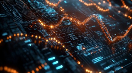 High-tech circuit board design integrated with DNA strands, glowing patterns.