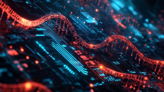 High-tech circuit board design integrated with DNA strands, glowing patterns.