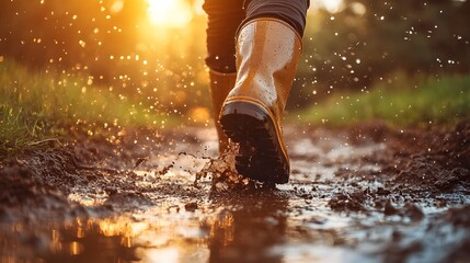 Person wearing rubber boots walking on wet muddy ground, close-up of boots, bright sunlit day, splashing water droplets, reflective puddles, earthy tones, outdoor adventure.