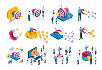 Fototapeta premium isometric vector set of business people and loudspeaker and magnet, in color on a white background, business or social attraction