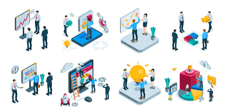 isometric vector business people working in team set of pictures, in color on white background, teamwork or business success